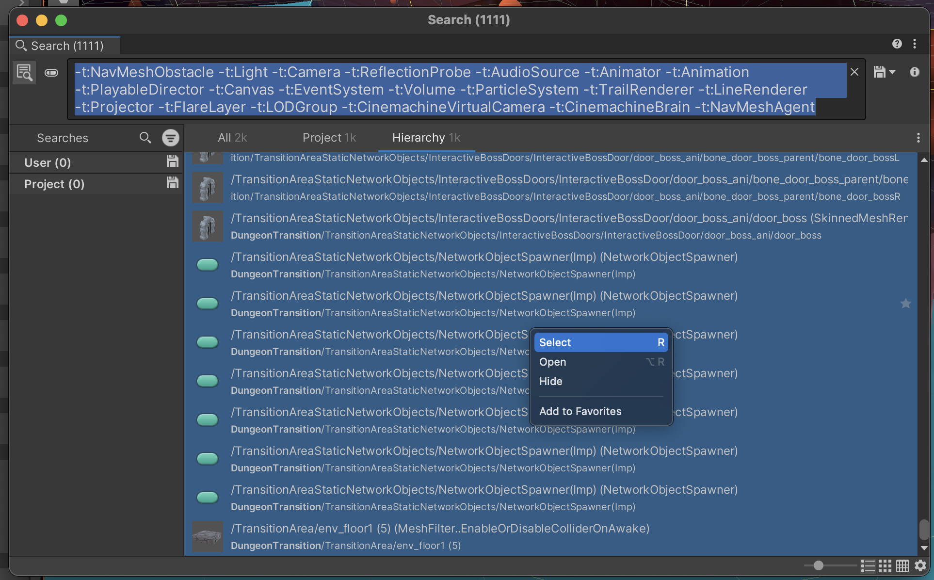 Highlighting items in the main hierarchy